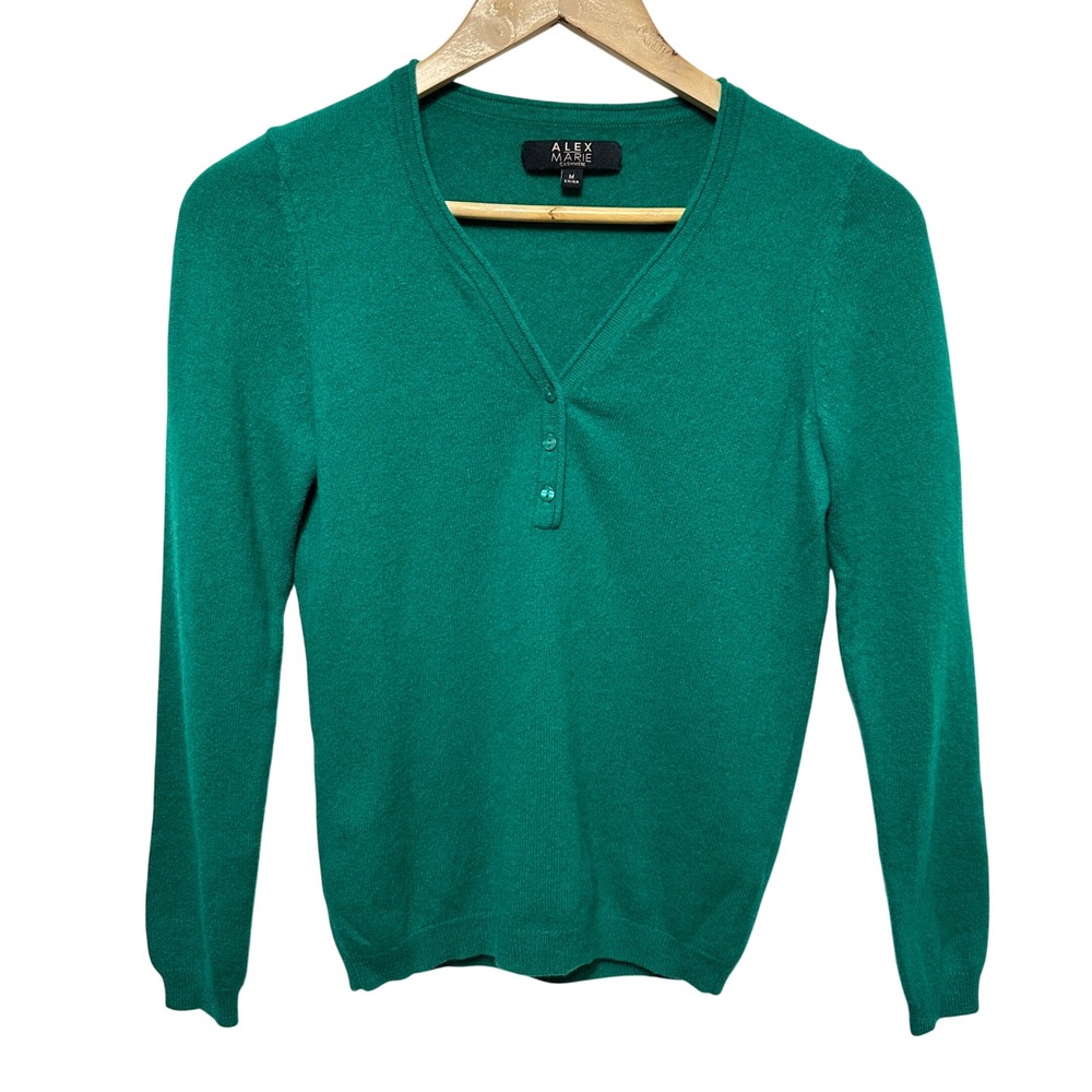 Alex Marie 100% Cashmere Henley Sweater Womens Medium Green Knit Pullover Preppy